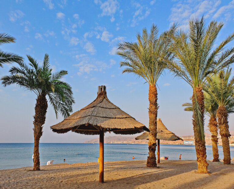 Idyllic tropical beach scene with palm trees and nipa huts by the seashore.